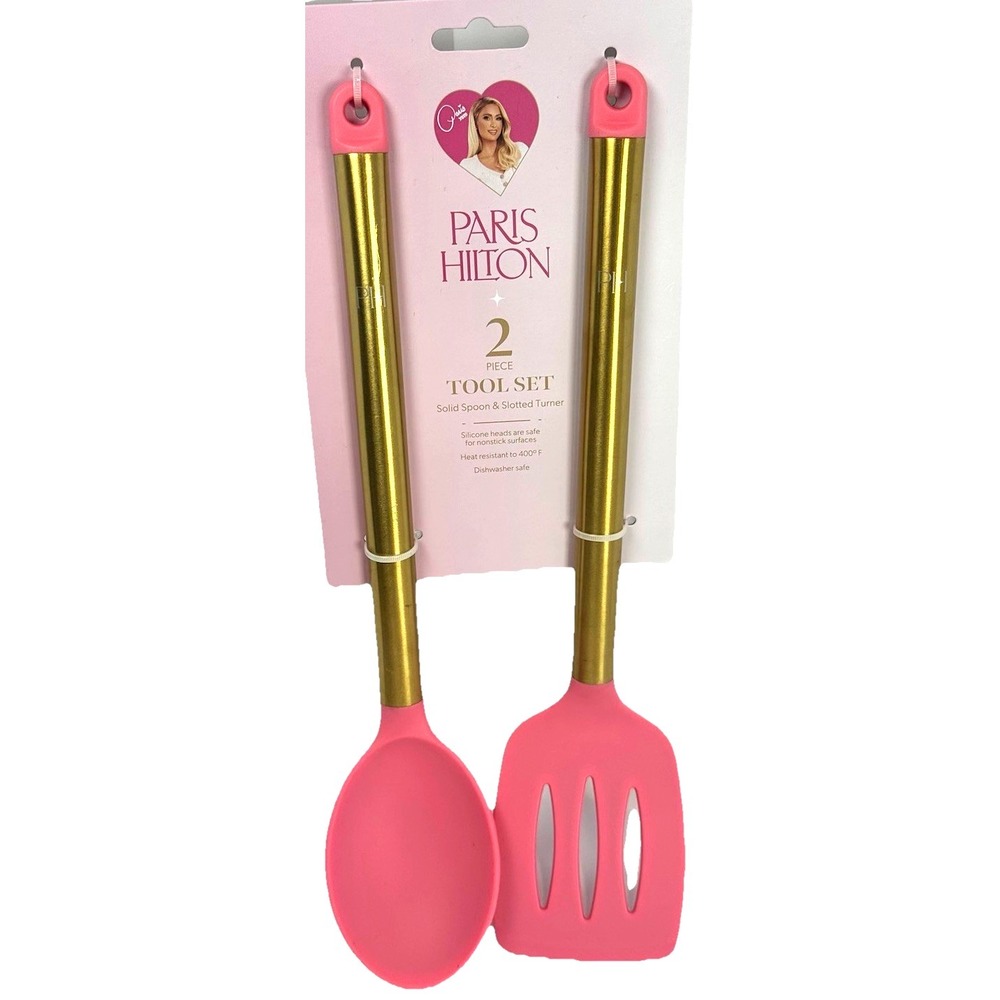 Paris Hilton Pink Gold Silicone Spoon Spatula Set 2pc Kitchen Utensils New